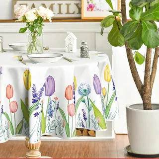 Horaldaily Frühlings- und Sommer-Tischdecke, 178 x 178 cm, rund, Oster-Aquarell, Wildblumen, Tulpen, Lavendel, blühende Blumen-Tischdecke für Party, Picknick, Abendessen, Dekoration