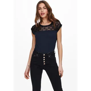 Spitzenshirt ONLY "ONLNICOLE – Spitzendetails für eleganten Auftritt im Alltag", Damen, Gr. XL (42), blau (night sky), Jersey, Obermaterial: 100% Viskose (LENZINGTM ECOVEROTM), unifarben, figurbetont normal, Rundhals, Shirts Spitzenshirt, figurbetont, Jersey, Viskose, Rundhals, unifarben, Topseller