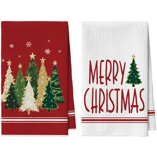Artoid Mode Rot Kiefern Sterne Schneeflocken Weihnachten Küchentücher Geschirrtücher, 42x65 cm Merry Xmas Mikrofaser Saugfähig Küchen Deko 2er Set