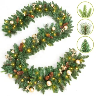 Queta Künstlicher Weihnachtskranz mit 40 LED Beleuchtung Batteriebetrieben, 1.8m Gold PVC Weihnachten Rattan Künstliche Blume für In-/Outdoor Dekoration