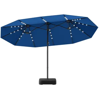 FANTASK Doppelsonnenschirm XXL, 450 x 260 cm, Sonnenschirm Groß mit Ständer und LED-Solar-Beleuchtung, UPF 50+, Terrassenschirm mit Kurbel, Marktschirm, Gartenschirm für Garten, Terrasse (Marineblau)
