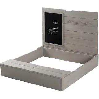 roba Sandkasten mit Deckel - Sandkiste aufklappbar mit Tafel & 3 Haken - Wetterfest Abdeckung - Umweltfreundliches Massivholz grau lasiert