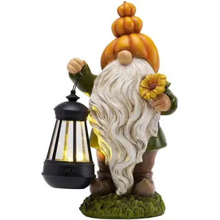 TERESA'S COLLECTIONS Herbstdeko Draußen, Gartenzwerge mit Solarlaterne 29cm | Herbst Gartenwichtel groß Wetterfeste mit Solarleuchte,Kürbis deko aus Kunstharz,Fall deko Erntedank Geschenk