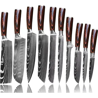 YEZEY Japanische Küchenmesser Scharf (20,5 cm) - Hochkohlenstoffstahl Kochmesser Profi Messer - Messer japanischer Art - 10 Messerset mit Geschenkbox - Grau