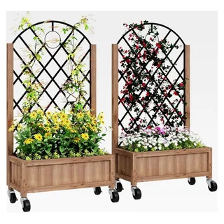 2er Set Hochbeet Pflanzkästen mit Rollen und Rankgitter, Blumenkübel aus Holz für Garten, Balkon und Terrasse, geeignet für Kletterpflanzen