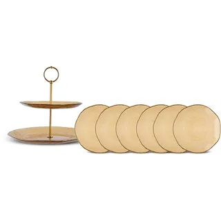KARACA Dune - 7-teiliges Teller set 6 Personen mit Servier Etagere 2 Etagen, Dessertteller Glas (21cm) & Runder Servierständer/Kuchenständer aus Glas - Braun