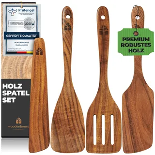 Pfannenwender Holz Set - Handgefertigte Küchenutensilien 4 Teiliges - Holzspatel Set mit Pfannenwender, Bratwender, Schlitzspatel und Holzschaber, BPA-frei, Robust kochbesteck für Antihaft Pfannen