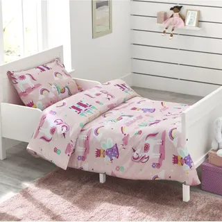 Bloomsbury Mill - Kinderbettwäsche 120 x 150cm Einhorn, Prinzessin und Regenbögen für Kinder - Baby Bettwäsche Mädchen - Rosa & Lila Wendebettwäsche und Kissenbezug-Set für Kleinkinder & Babybetten