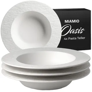 MIAMIO - Suppenteller Set/Pastateller, Keramik (650ml) - Oasis (Weiß) | Keramik Suppenteller Set, 4er Set tiefe Teller für Suppe, Salat, Pasta und Bowls, Teller Set (26cm) - spülmaschinenfest