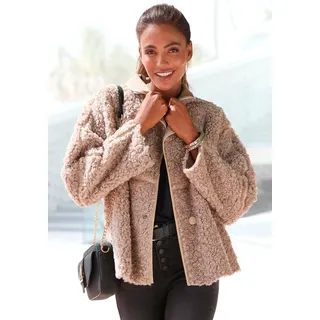 LASCANA Fellimitatjacke mit Lederimitat-Einsätzen, Sherpa-Jacke aus Teddyplüsch mit Taschen, grau