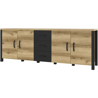 Furniture24 Sideboard OLIN 25 Kommode 220 cm breit mit 4 Türen 3 Schubladen Grand Eiche natur/Schwarz matt, 220x79x48 cm