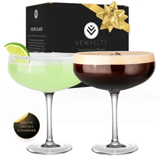 Vemacity Elegante Espresso Martini Gläser 2er Set | Handgefertigte Cocktailgläser Set | Champagner Schalen | Edle Coupe für Margarita & Cocktails | Martinigläser | Ideal für Weihnachten und Neujahr