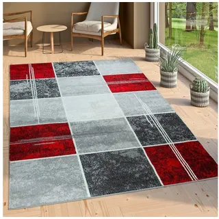 Paco Home Teppich Kariert Kurzflor Marmor Optik Meliert Modern Grau Schwarz rot