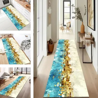 SUCERU Teppich Läufer Flur rutschfest Waschbar 50X220CM Polyester Wohnzimmer Teppich Blau Gold Anpassbar Für Schlafzimmer Kinderzimmer Wäschereien Esszimmer Flurläufer Fußmatten