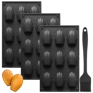 YXHZVON Madeleine Backformen, 3 Stücke Silikon Madeleines Backformen 9 Hohlräume mit 1 Stücke Silikonbürste, Schokoformen Silikon BPA Freie für Mini-Kuchen Schokolade (Schwarz)