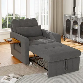 Fortuna Lai 3-in-1 Schlafsessel mit Liegefunktion – Ausziehbarer Relaxsessel mit Armlehnen, Seitentasche und kleinen Seitentisch – Maße 190x70x42 cm (LxBxH) – Grau - Grau