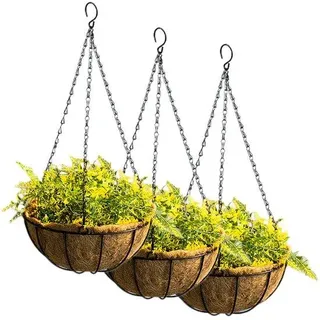 Unyqoos® 3er-Set Hänge-Pflanzkörbe mit Kokosfaser-Einsatz, Metall rostfrei beschichtet, Ø25×12 cm, Gesamthöhe 55 cm, für Innen & Außen - Silber