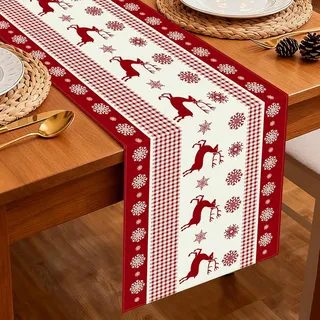 Viosmut Tischläufer Weihnachten 40x180 cm, Weihnachtstischläufer Rot Elch Winter Weihnachts Tischdeko, Weihnachten Tischläufer Modern Schneeflocke für Weihnachtsdeko Innen Tisch Küche im Freien