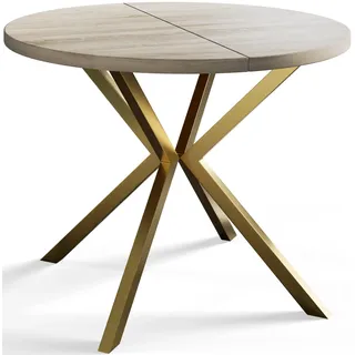 Alpi Moebel, Runder Esstisch Loft Liten, Modern Ausziehbarer Tisch 120-200 cm, Beige mit Gold Metallbeinen