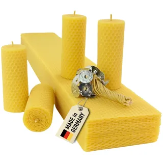 Wachsmann Stumpen Kerzen selber machen, 100% reines Bienenwachs aus Deutschland, Advent & Weihnachten, Bienenwachsplatten 60 x 10 cm, DIY Bastelset Kinder, inkl. Dochte