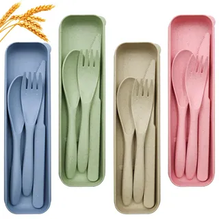 OMJMYY 4 Reisebesteck mit Etui Mehrweg Plastik Besteck Set Tragbare Camping Besteck mit Löffel Messer Gabel für Picknick, Reisen, Schule, Büro & Outdoor