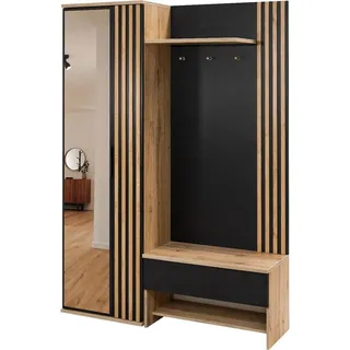 Garderobe Milo mit Lamellen Dielen-Set mit Spiegel Flur Schrank Wotan Eiche/Schwarz