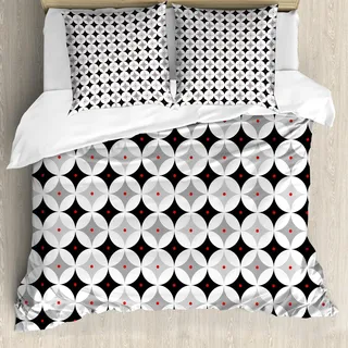 ABAKUHAUS Mitte des Jahrhunderts Bettbezug Set, Retro-Stil atomare Komposition mit Vintage Diamond Line Pattern, 155 x 220 cm + 80 x 80 cm, Pale Grau Schwarz Rot