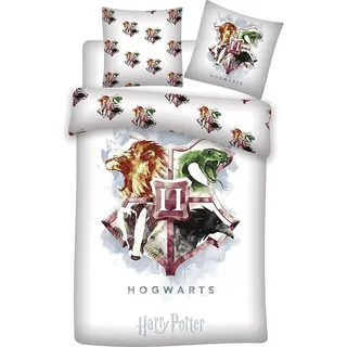 Harry Potter Kinder Erwachsenen Bettwäsche Hogwarts Wappen mehrfarbig 140 x 200 Bettdecke 60 x 63 cm Kopfkissen 100 % Baumwolle - Weiß