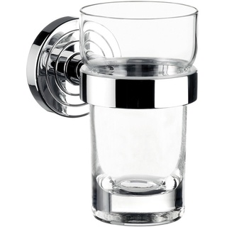 Emco Polo Glashalter mit 1 Glas, eleganter Zahnbürstenhalter zur Wandmontage, hochwertiger Zahnputzbecher aus Metall und Kristallglas, chromfarben und klar, Edelstahloptik