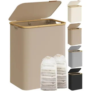 Songmics Wäschekorb mit Deckel, 130 L, Oxford-Gewebe, mit 2 Fächern | herausnehmbarer Wäschesack,Griffe aus Bambus,zusammenklappbar, 52 x 38,5 x 70,5 cm, kamelbraun, ROXANNE Kollektion LCB513LJ01