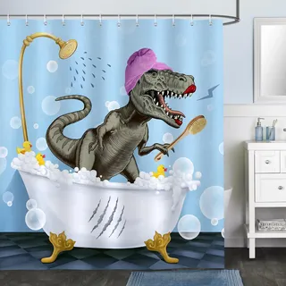 Bonhause Duschvorhang Lustig Dinosaurier Blau Modern Duschvorhänge 180 x 180 cm Anti-Schimmel Wasserdicht Polyester Stoff Waschbar Bad Vorhäng für Badzimmer mit 12 Haken