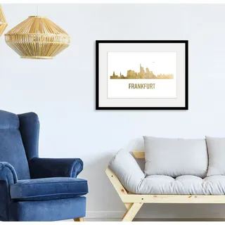 Bild QUEENCE "Frankfurt Skyline GOLD", gold (farbe rahmen: schwarz, farbe bild(er): goldfarben), B:50cm H:40cm, Acrylglas, Holz, Papier, Bilder, Bild, HD Premium Poster-Druck inkl. Holzrahmen