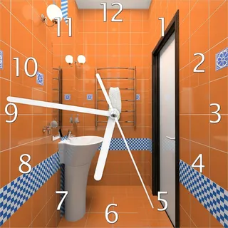 Wallario Design Wanduhr Modernes Badezimmer in orange mit blauen Fliesen aus Echtglas, Größe 20 x 20 cm - Braun