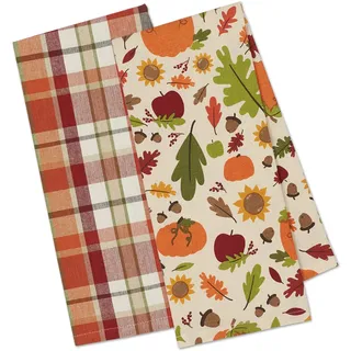 DII Fall Basics Kitchen Kollektion Bedrucktes & Plaid Herbst Geschirrtuch-Set, Baumwolle, Kürbisgewürz, 18x28, 2