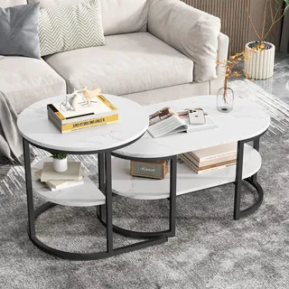 BRILVERDE Couchtisch Rund 2er Set,mit Stauraum,Oval Beistelltisch,Wohnzimmertisch,Marmor Optik,Metallrahmen,Satztische Sofa, Wohnzimmer, Schlafzimmer, (Schwarz-3)