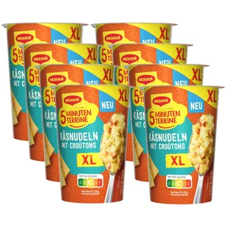 MAGGI 5 Minuten Terrine XL Käsenudeln mit Croutons, 8er Pack (8 x 87g) | Leckeres Fertiggericht mit Instant Nudeln, Pasta-Snack in käsig-cremiger Sauce mit Röstzwiebeln