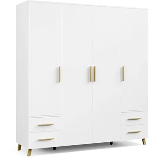 Rauch Kleiderschrank, Garderobe für Schlafzimmer, Kinderzimmer, Babyzimmer, 4-türig, 4 Schubladen mit Griffen und Füßen aus Massivholz Farbe weiß 187x203x53cm