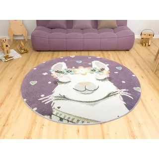 AKCILA Lima Runder Kinderteppich Lila Creme mit Lama und Blumenkranz | Runder Teppich für das Kinderzimmer, Kinderteppich für das Mädchen- oder Jungenzimmer, In vielen Größen erhältlich