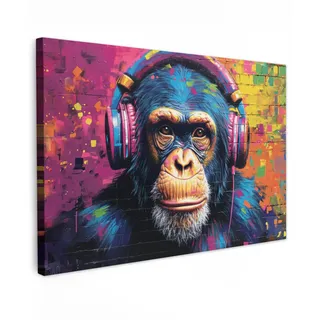 MuchoWow Leinwandbild Graffiti - Schimpanse - Straßenkunst - Kopfhörer - Affe Wanddeko 90x60 cm , Textil , Rechteckig , 90x60 cm , FSC 100% , gerahmt , Bilder & Rahmen, Bilder, Leinwandbilder