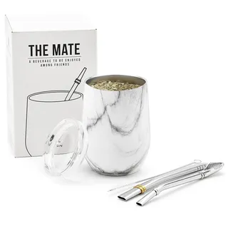 balibetov - Neu - Modernes Yerba Mate Gourd Set (Mate Tasse) - Doppelwandiger 18/8 Edelstahl Enthält zwei Bombillas und eine Reinigungsbürste (MARMOR, 355 ml)