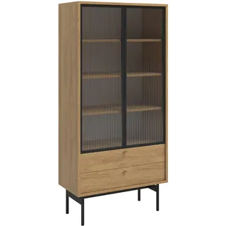 Selsey Vitrine Glas Vitrinenschrank Glasvitrine Wohnzimmer Glastür Hoch 85 cm 2 Schubladen 4 Fächer Hickoryholz Natur Olar