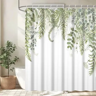 Uiiooazy Duschvorhang 180x180cm, Duschvorhang Anti Schimmel Grüne Blätter Eukalyptus Salbeigrün Blumen Duschvorhänge Wasserdicht Polyester Stoff Waschbar Bad Vorhang mit 12 Haken für Badezimmer