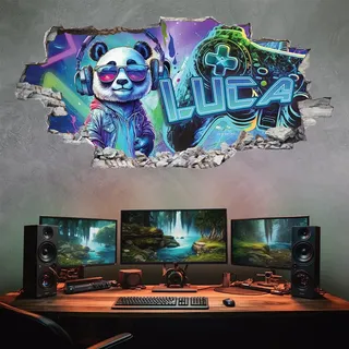 tjapalo® Wandtattoo Panda Gamer Mit Name Personalisiert - 3D Kinderzimmer Jungen Bild, Gaming Zimmer Deko, Wandbild Für Teenager, xp3