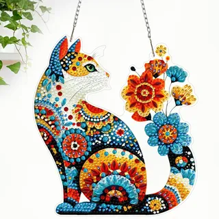 CEOVR Katze Hängende Diamant Painting Bilder Kits,Blumen Diamond Painting Ornament Kits Erwachsene 19.5x17.67cm,DIY Mandala Diamant Malerei Ornament für Wand Dekoration