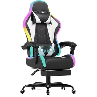 JUMMICO Gaming Stuhl mit led, Cool Racing Gamer Stuhl, Ergonomischer Bürostuhl mit Massagefunktion, Verstellbare Rückenlehne 90-135°, mit Teleskop Fußstütze, Gamingstuhl 150 kg belastbarkeit, Weiß