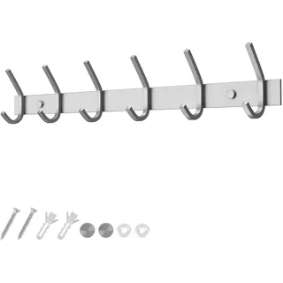 Dripex Hakenleiste Rostfrei Edelstahl Kleiderhaken Garderobenhaken gebürstete Optik Doppelhaken bis zu 30kg belastbar Haken (Silber, 6 Haken)