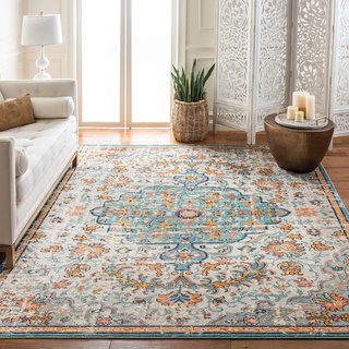 SAFAVIEH Boho Teppich für Wohnzimmer, Esszimmer, Schlafzimmer - Madison Collection, Kurzer Flor, Grau und Hellblau, 200 x 200 cm