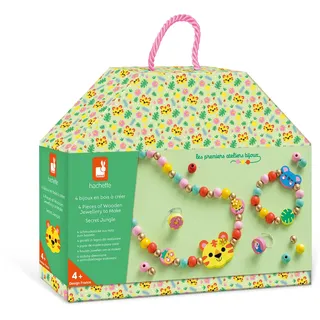 Janod - 4 Holzschmuckstücke zum Selbermachen Geheimnisvoller Dschungel - Die Ersten Schmuckwerkstätten - DIY-Schmuckherstellung - Kinderbastelset - Feinmotorik und Konzentration lernen - Ab 4 Jahren - J09131