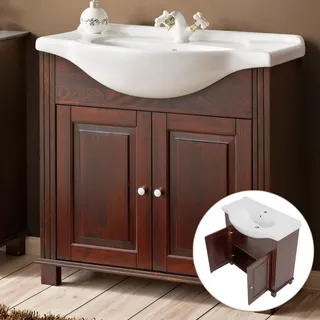 Waschtischunterschrank 85 cm Keramik-Waschbecken Im Landhausstil AVEIRO-56, Pinie Massivholz braun, B/H/T ca. 85/83/49 cm - Braun