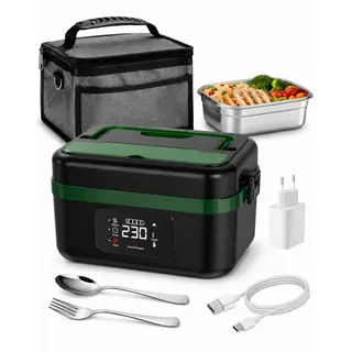 LANMOU Elektrische Lunchbox mit Akku, 1L Beheizbare Thermo Lunchbox aus Edelstahl, Kabellose Warmhaltebox mit Timer & 6 Temperaturstufen bis 90°C, Auslaufsicher für Büro,Baustelle,Auto, Camping